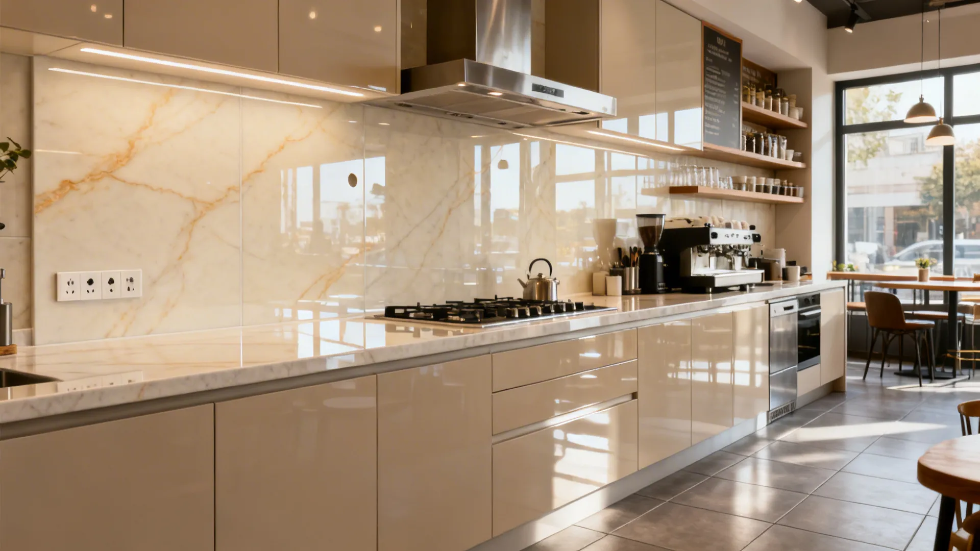 Large-format porcelain slab backsplash behind the cookline with clean cutouts.