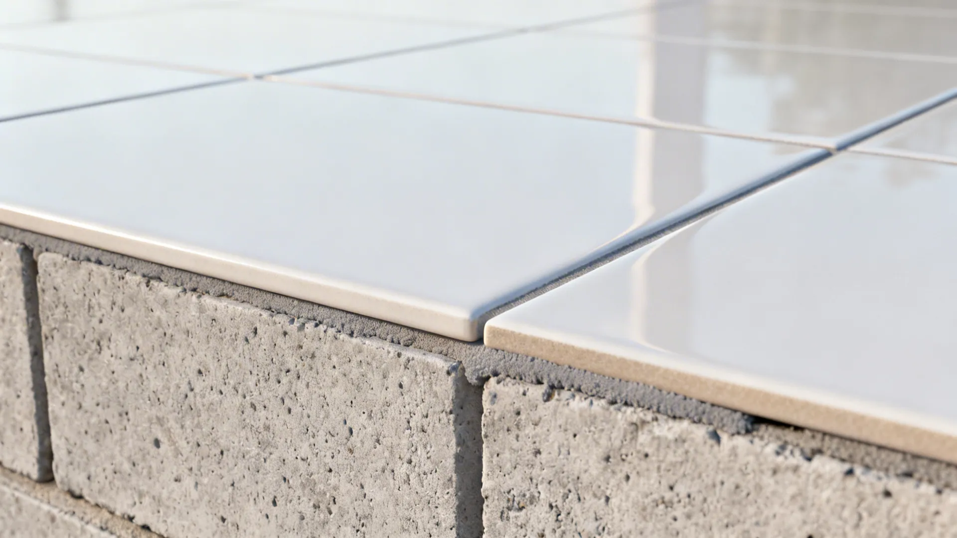 Close-up of large-format porcelain slab installed over concrete block with minimal grout lines.
