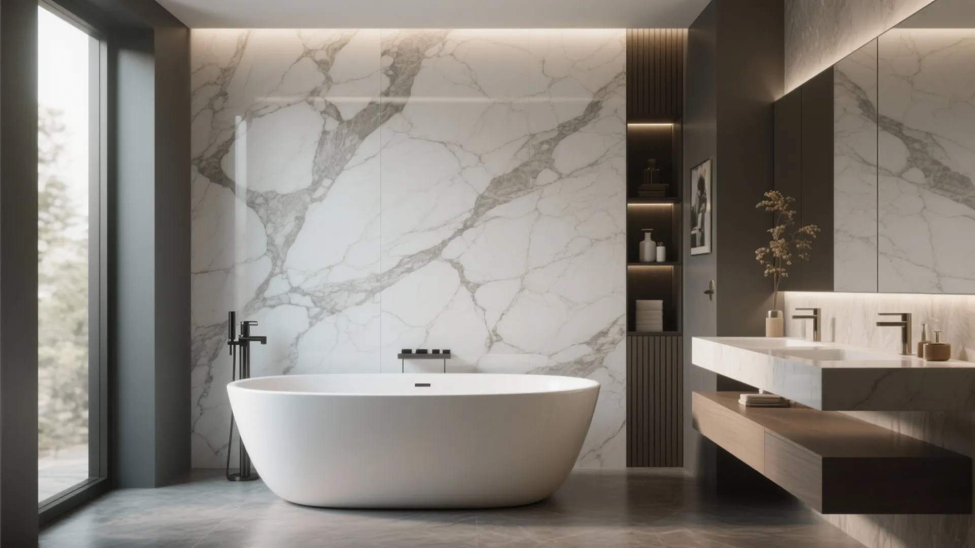 4. Large porcelain slabs as seamless feature walls