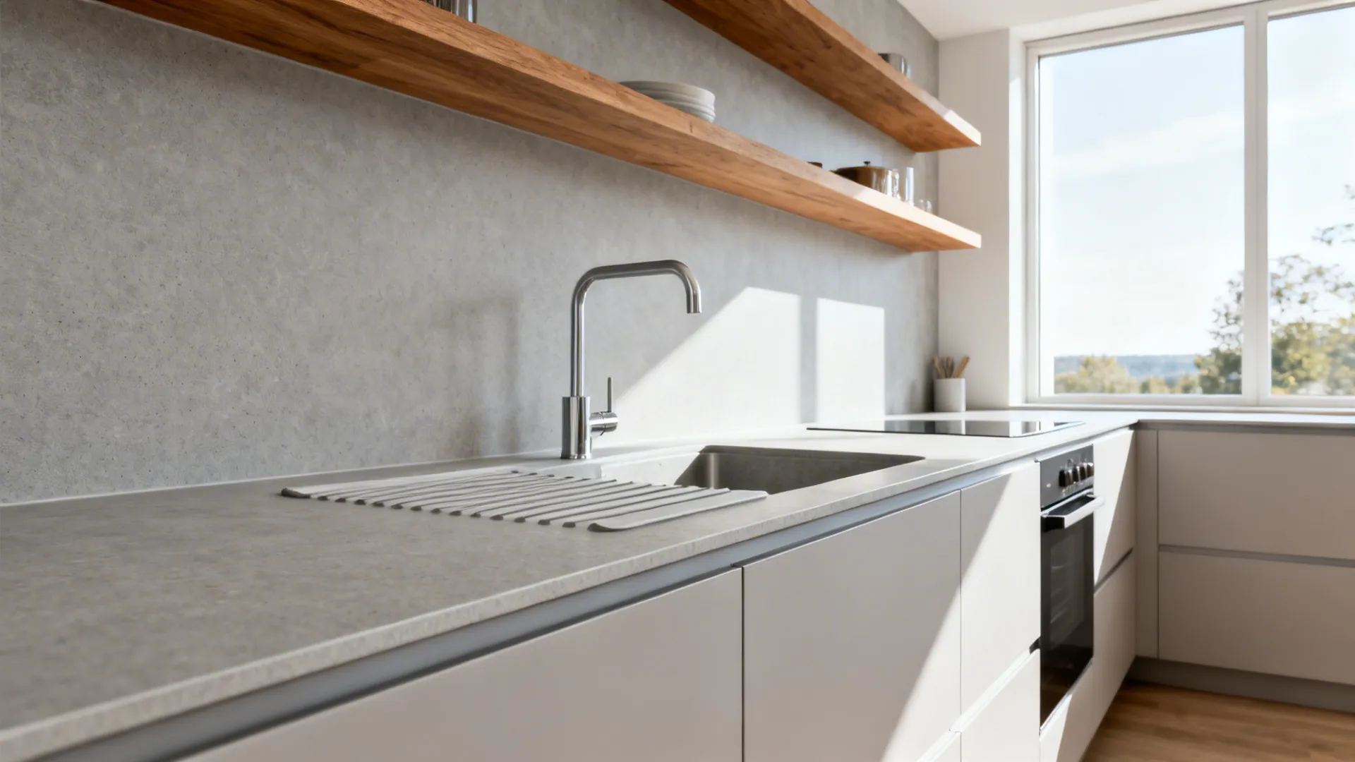 Sunlit studio kitchen with pale gray 12 mm porcelain slab counters and oak shelves.