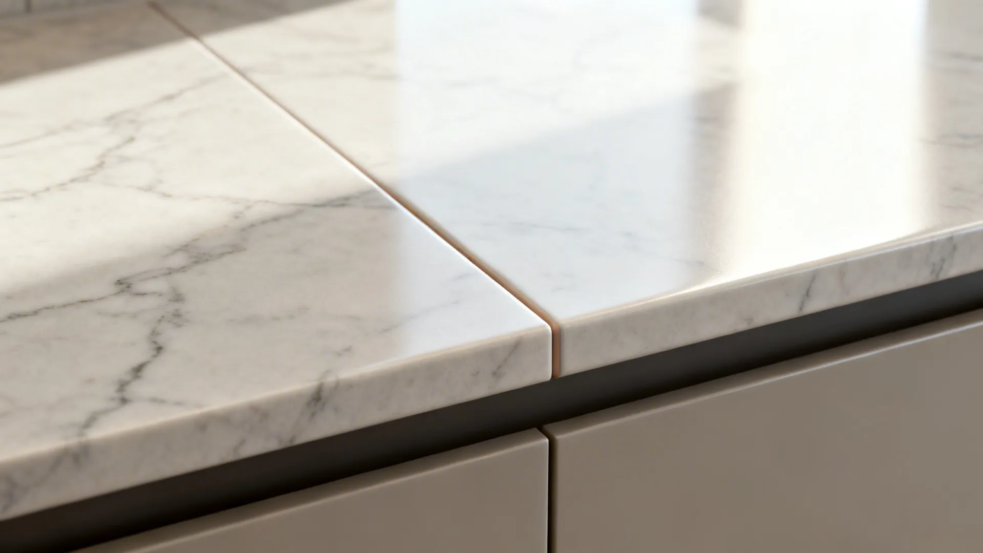 Macro of slab-look porcelain veining and silicone joint at the counter.
