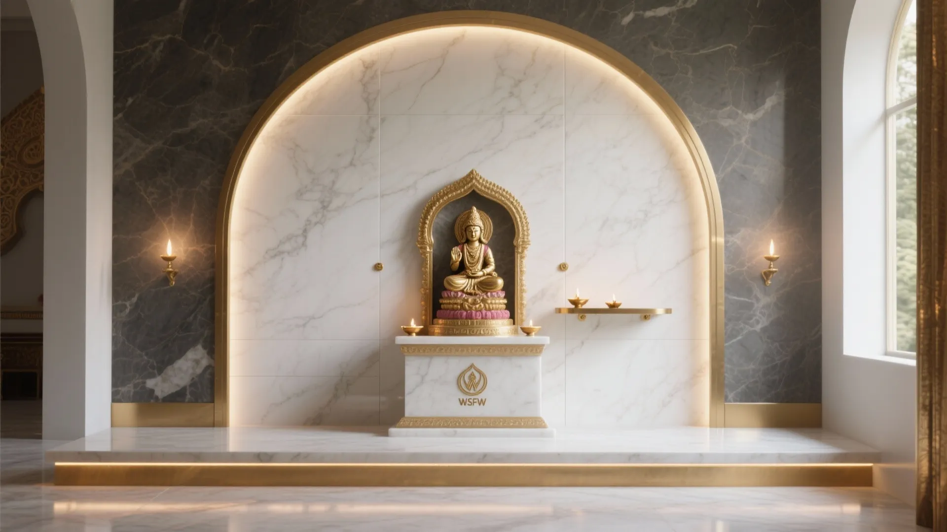 4) Stone or Porcelain Slab Backdrop With Brass Accents