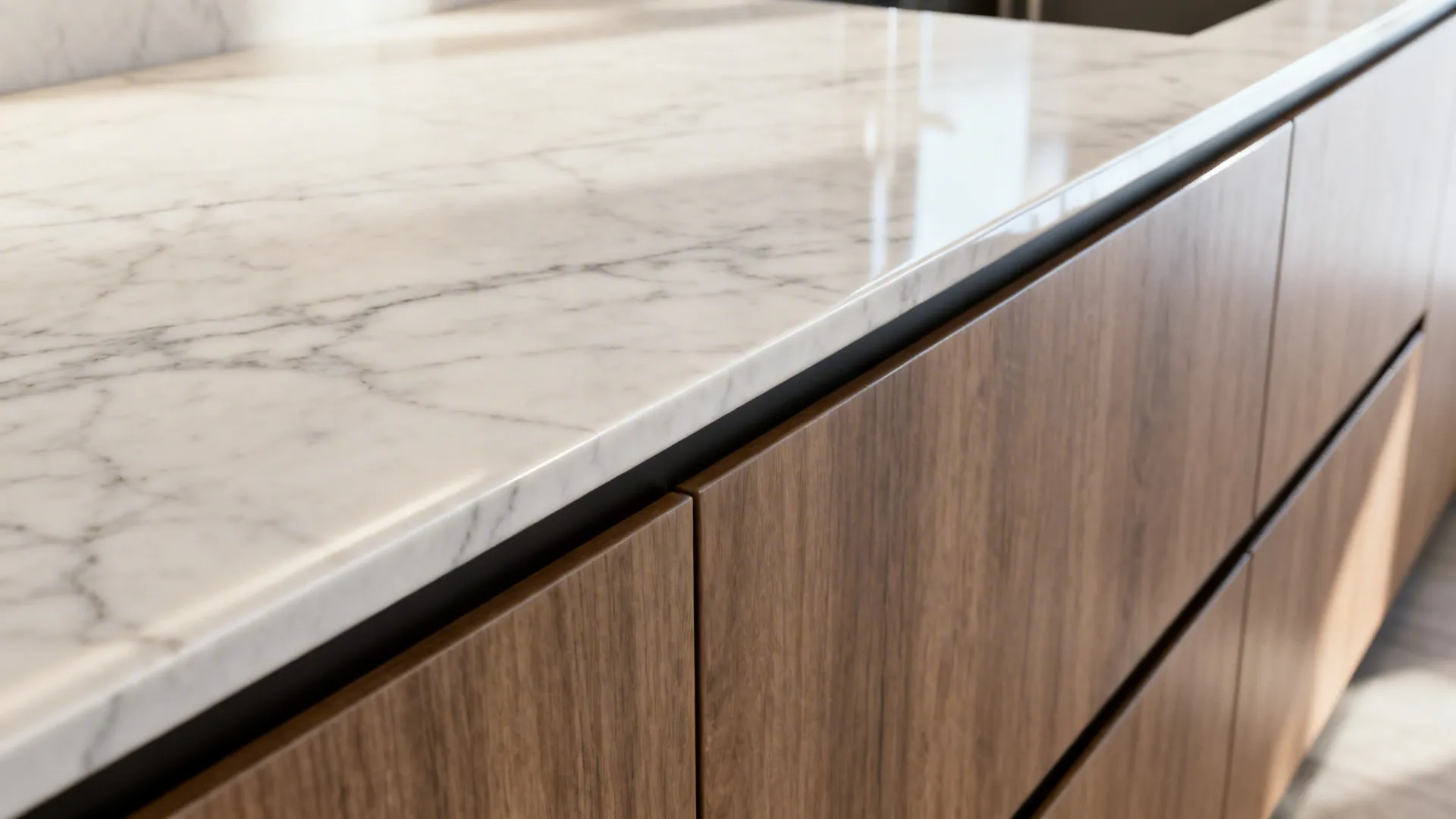 Thin porcelain slab countertop with soft veining installed next to modern wood cabinets, showing near-seamless look.