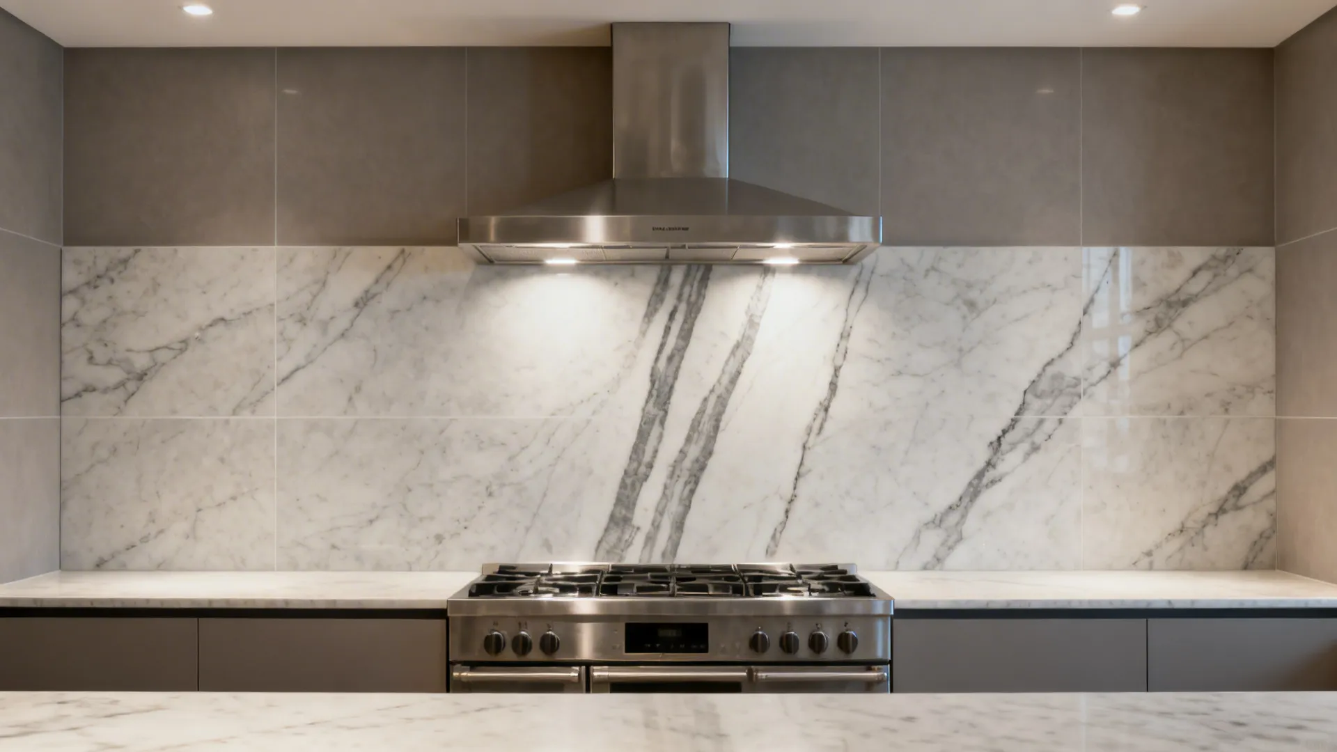 Stainless steel stove and range hood set against a white marble wall panel with grey colors