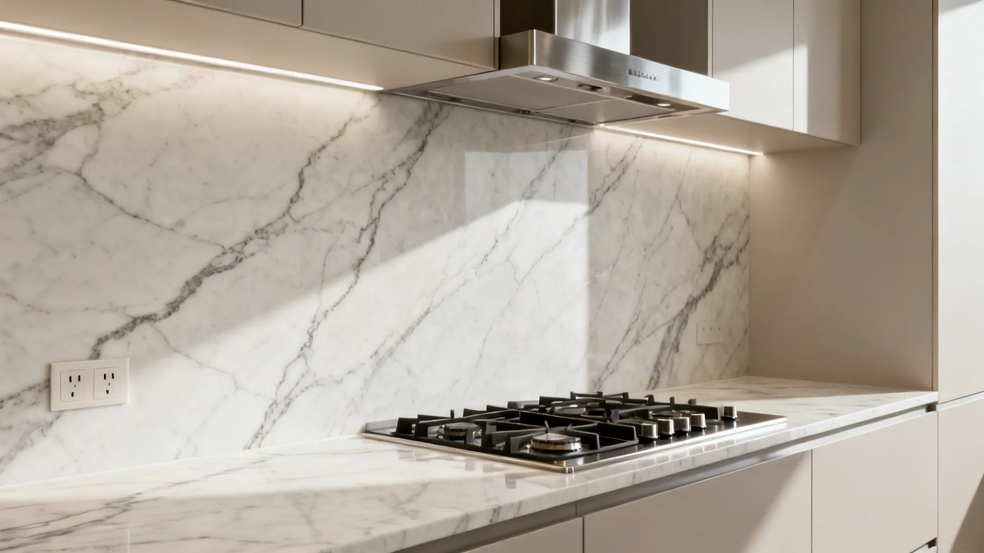 Large-format porcelain slab with subtle veining forms a seamless backsplash behind a pro-style range.