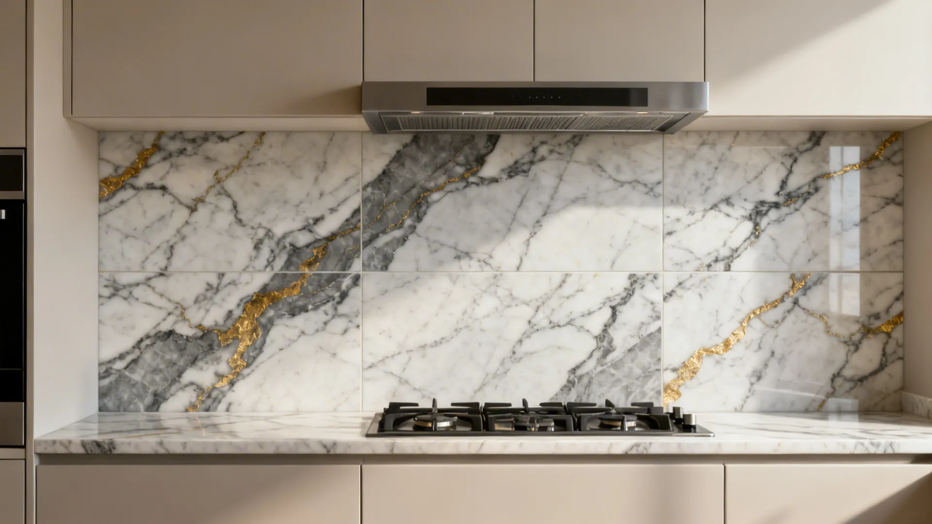Porcelain Calacatta-look slab backsplash behind a range with seamless veining and minimal joints.