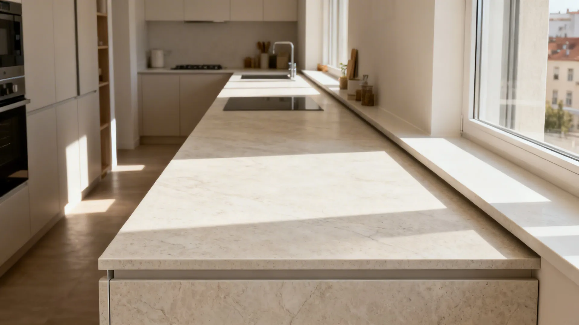 Small galley kitchen with a seamless porcelain slab countertop flowing to the window sill.