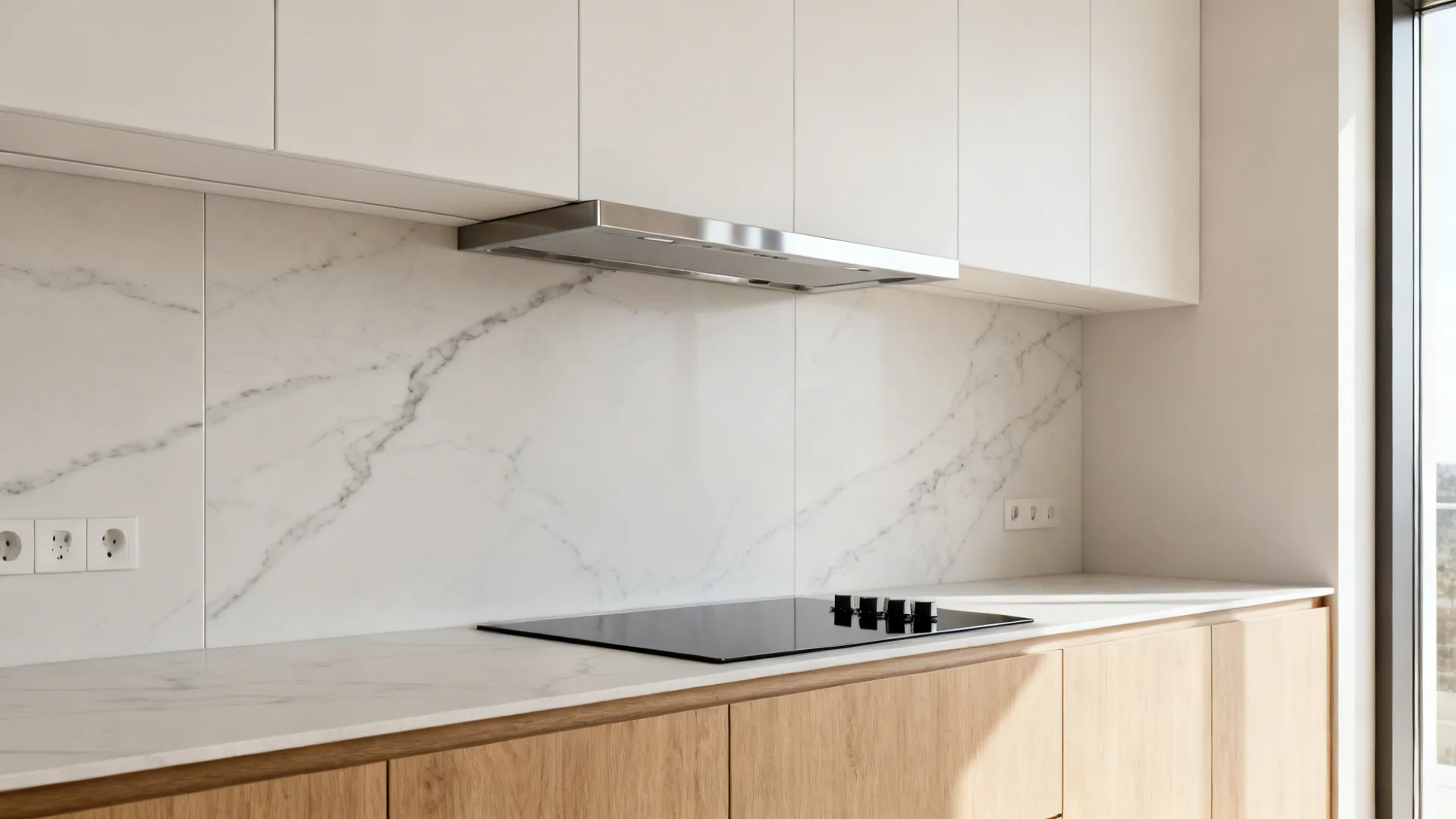 Full-height porcelain slab backsplash with subtle veining behind a modern range.