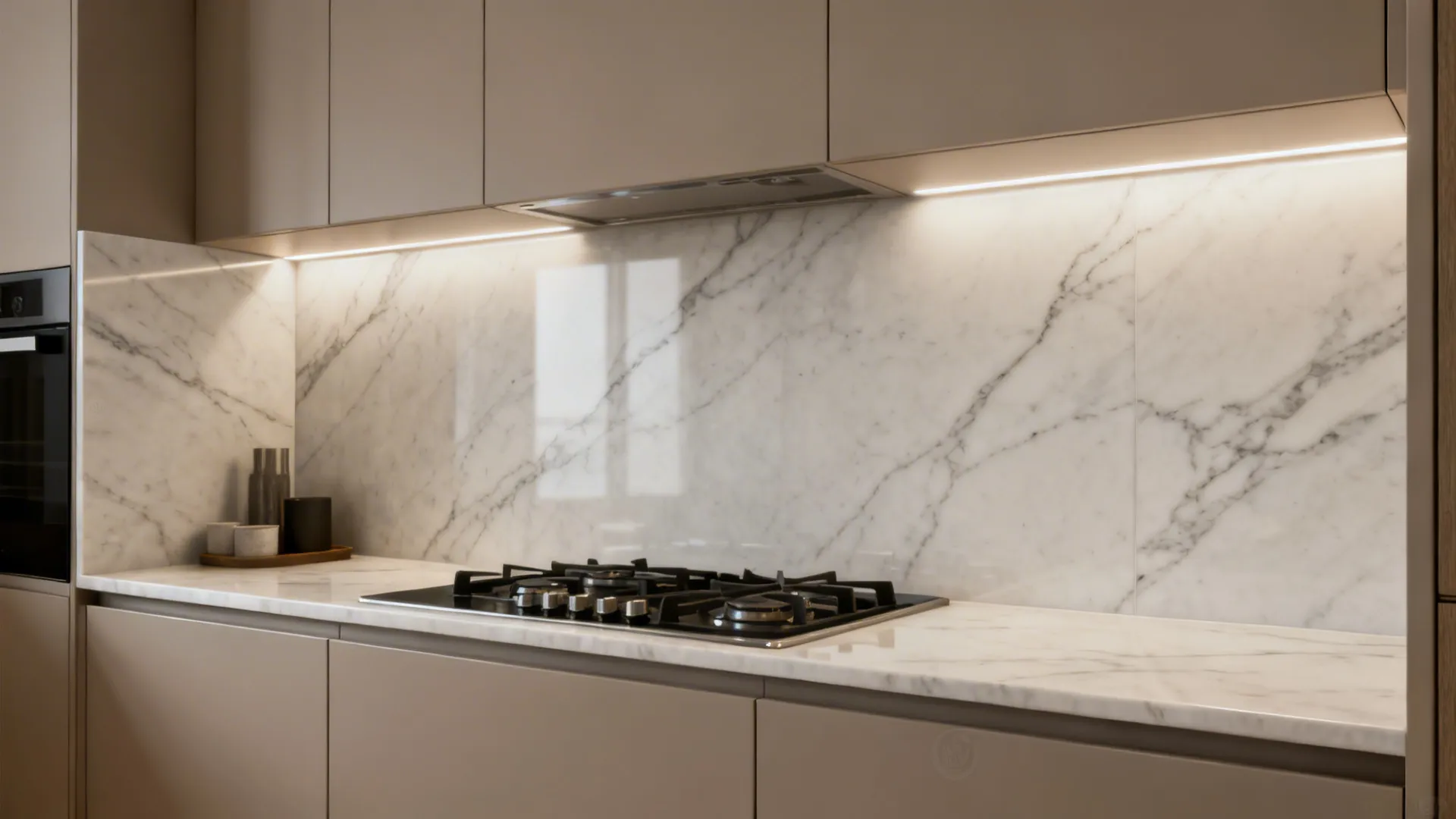 Large-format porcelain slabs for seamless backsplashes
