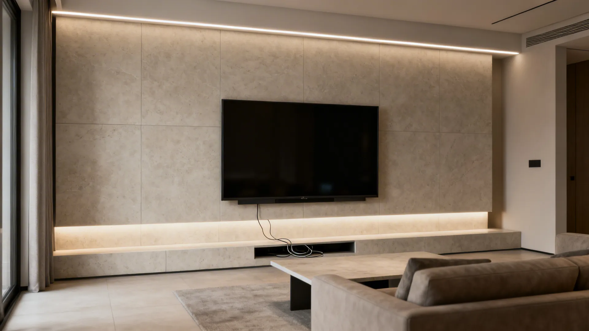 Matte porcelain slab TV wall with a thin LED halo and hidden cables in a compact modern living room.