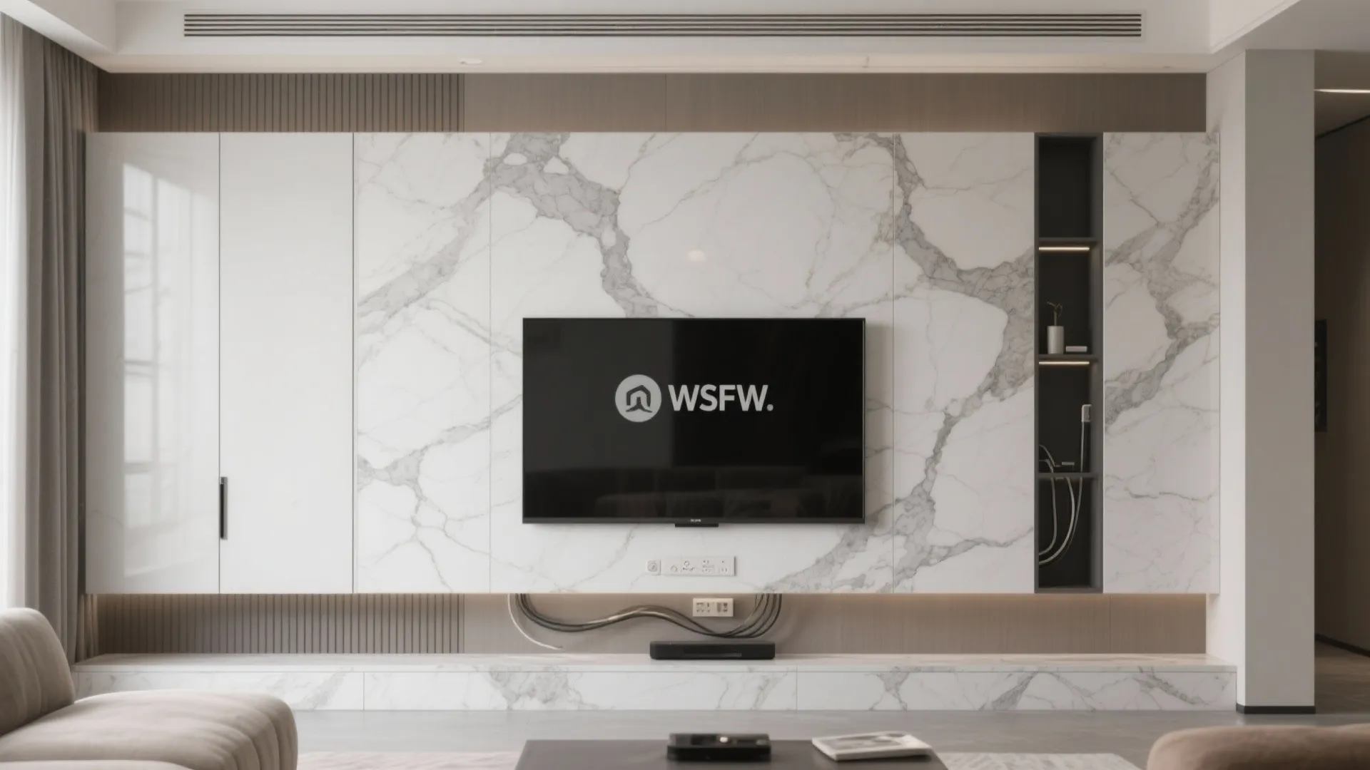 2) Porcelain slab TV wall with hidden storage