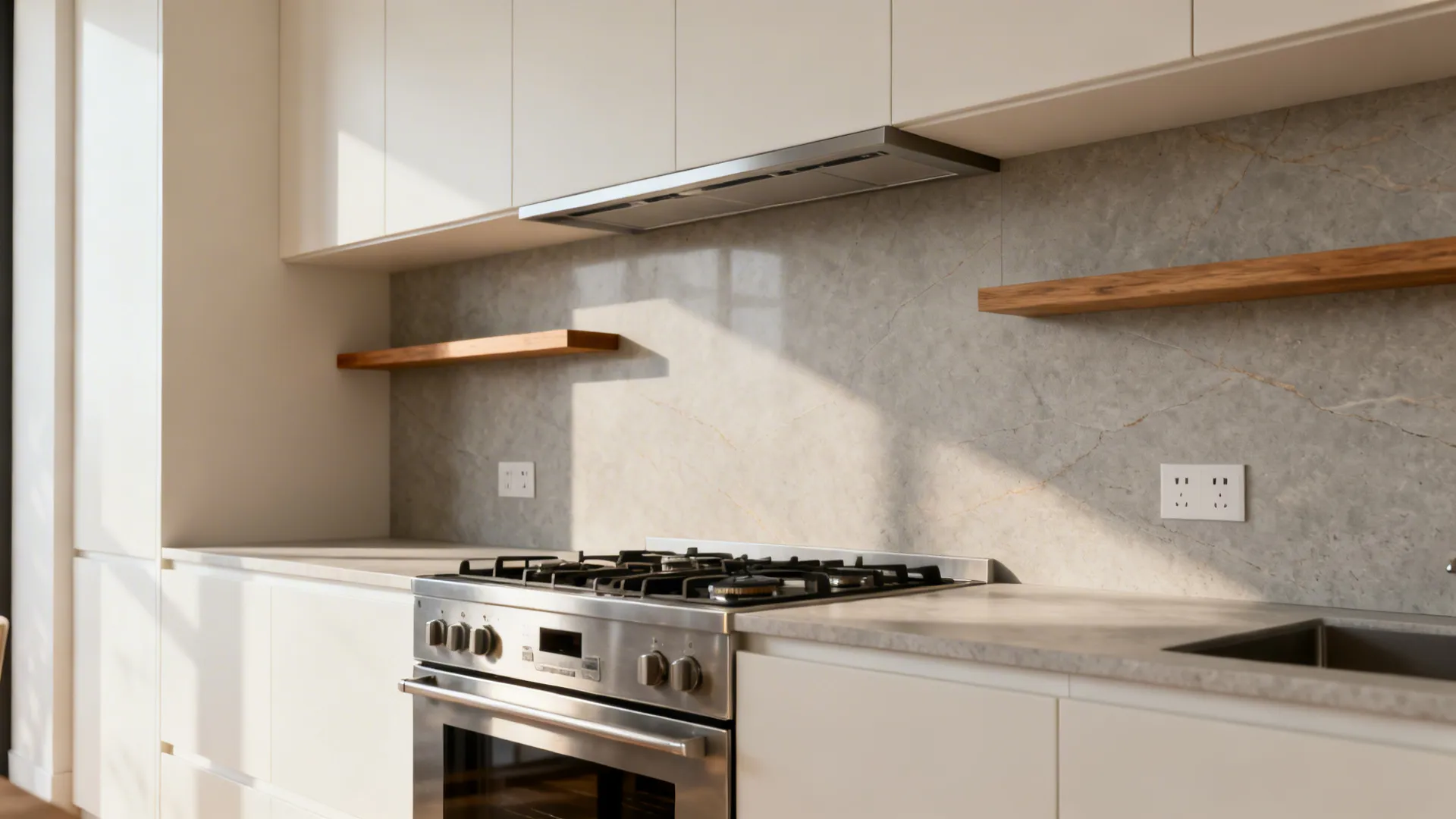 Large-format porcelain slab backsplash behind a stove with seamless surface and soft veining.