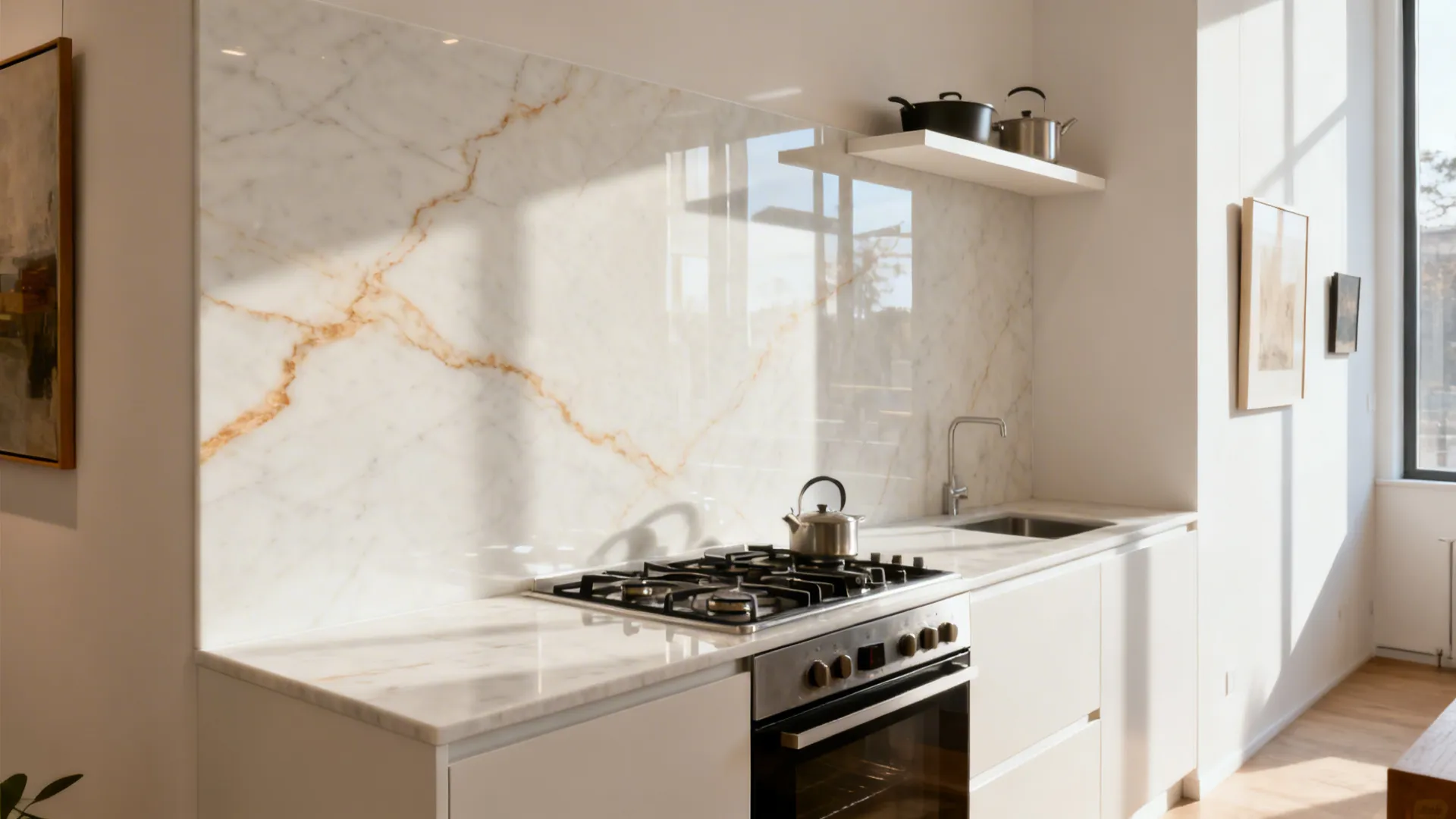 Seamless large-format porcelain slab backsplash with subtle veining in a small modern kitchen.