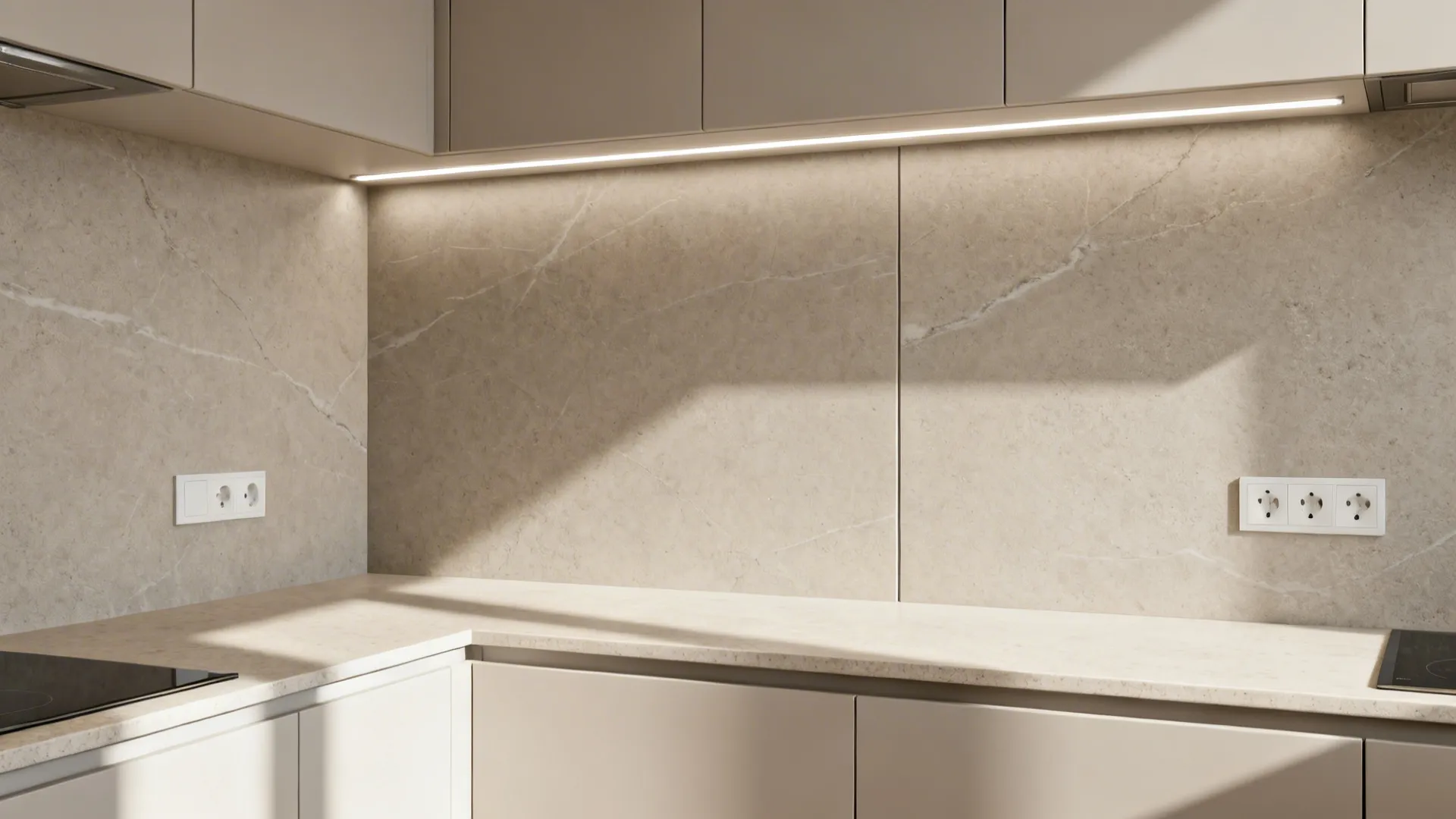 Small U-shaped kitchen with matte stone-look porcelain slab backsplash and minimal seams.
