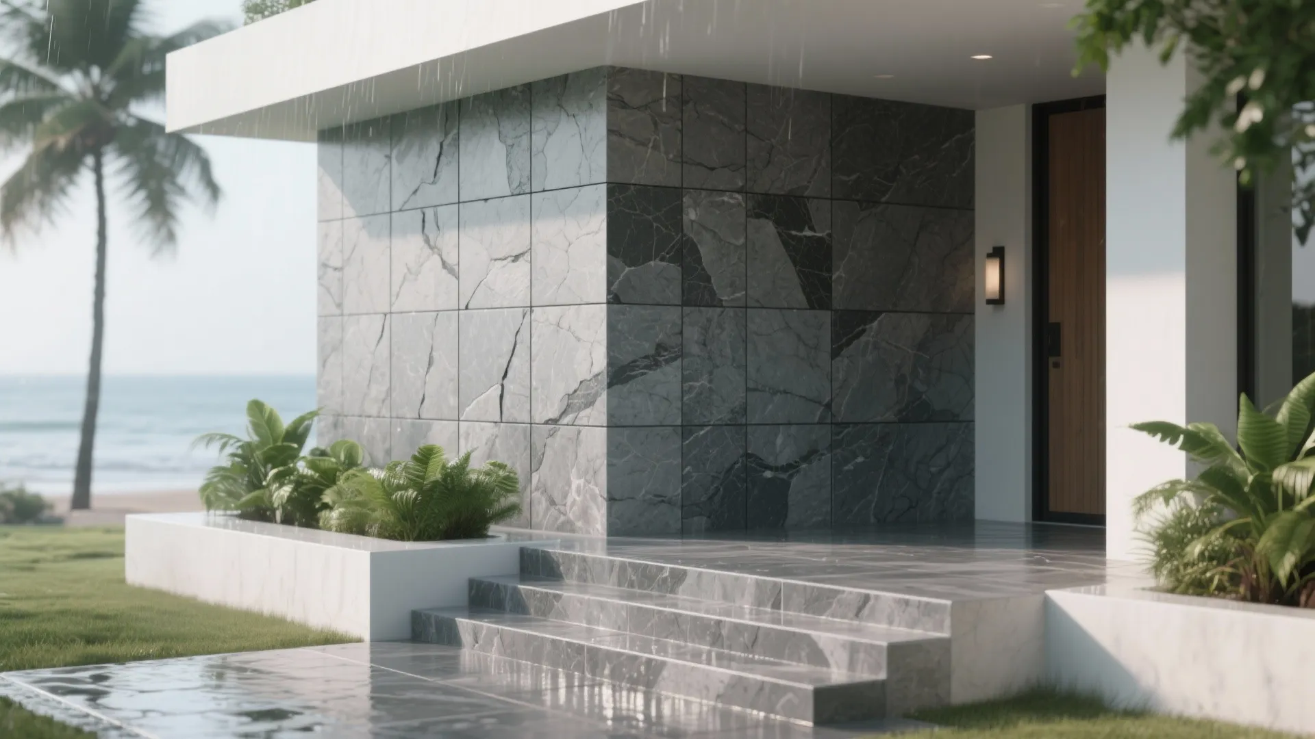 Modern house entrance with grey stone wall panels grey steps green plants and a wooden door