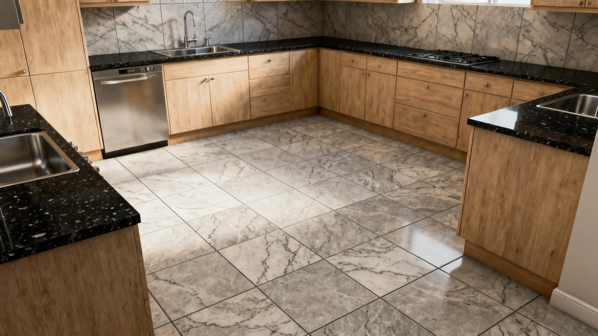 Compact kitchen with warm greige marble-look porcelain tiles on backsplash and floor with subtle veining and tight joints.