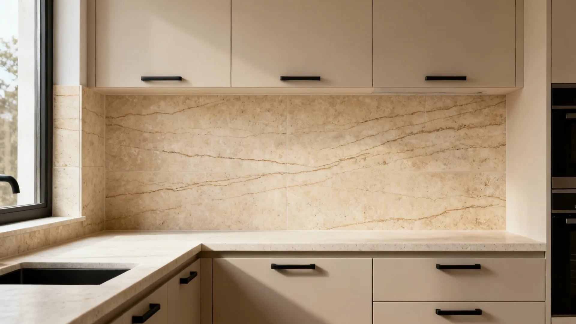 Vein-cut porcelain slab backsplash with honed travertine-look texture.
