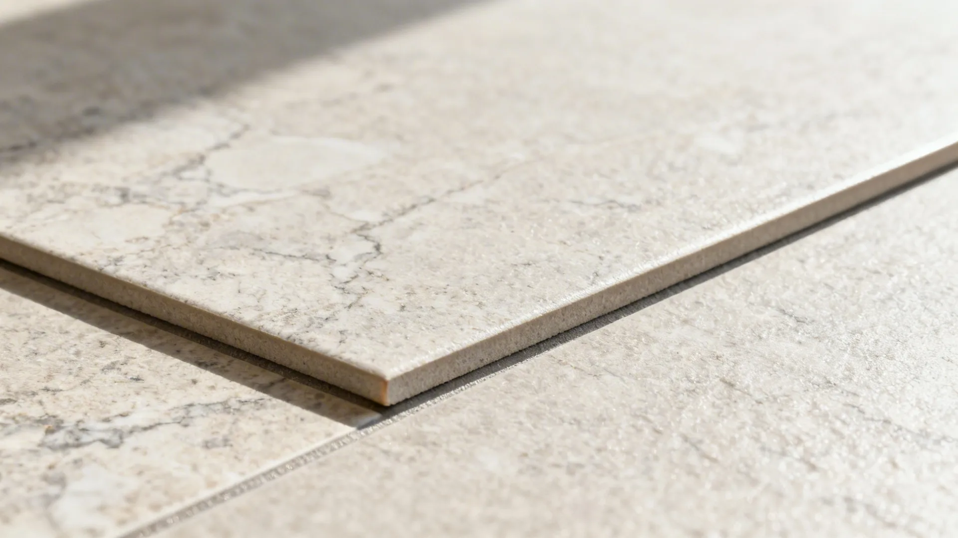 Close-up of matte stone-look porcelain with subtle veining and rectified edge.