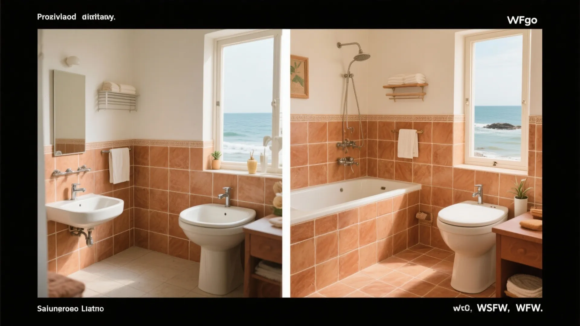 Before-after view showing a Kerala bathroom updated with matte porcelain terracotta-look tiles and cream grout.