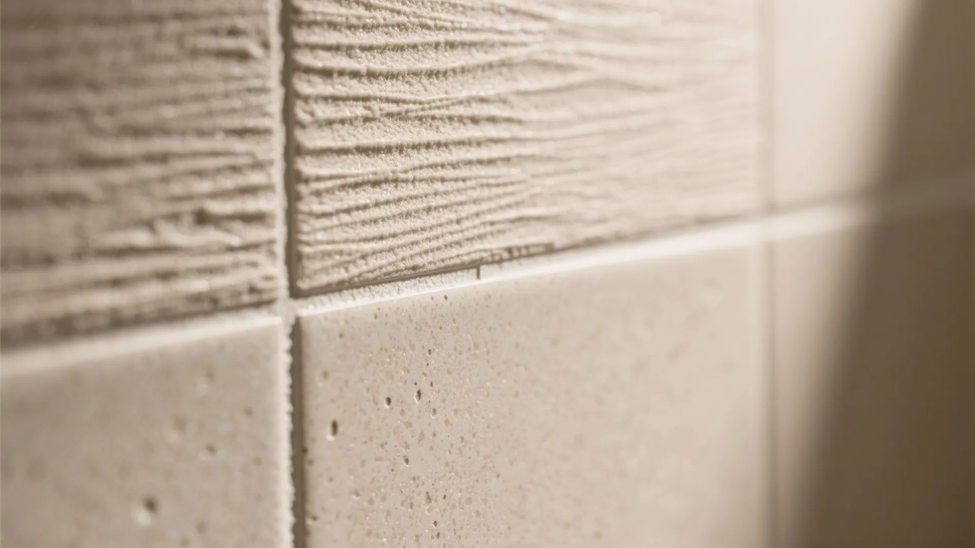 Close up of beige wall tiles with both smooth and rough textured surfaces in bright light