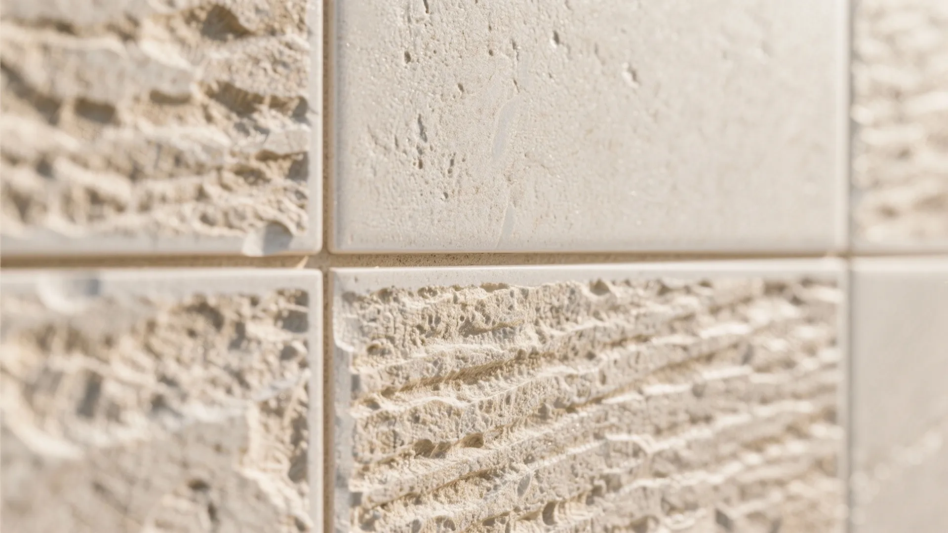 Close up view of textured beige wall tiles showing both smooth and rough stone like surfaces