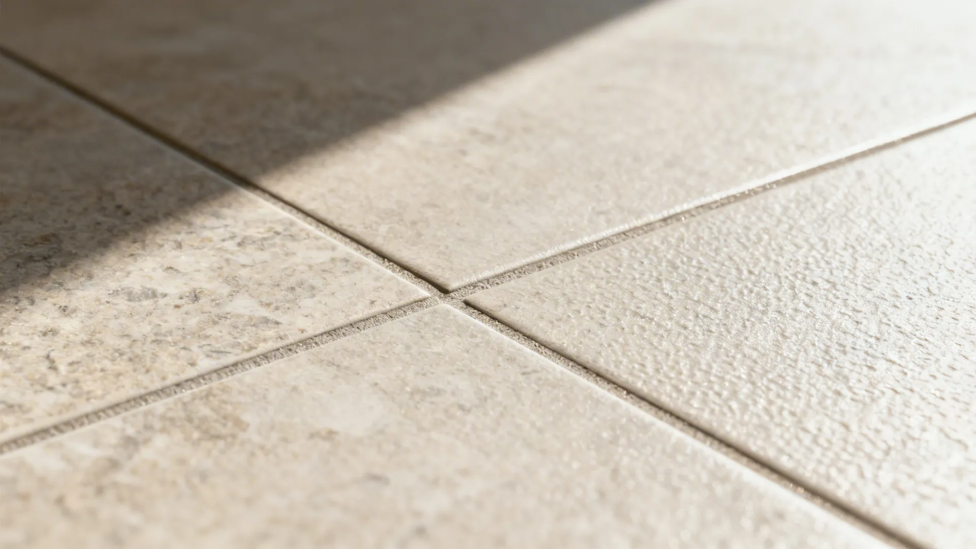 Macro of anti-slip matte porcelain showing stone-look texture and rectified grout joint under soft daylight.