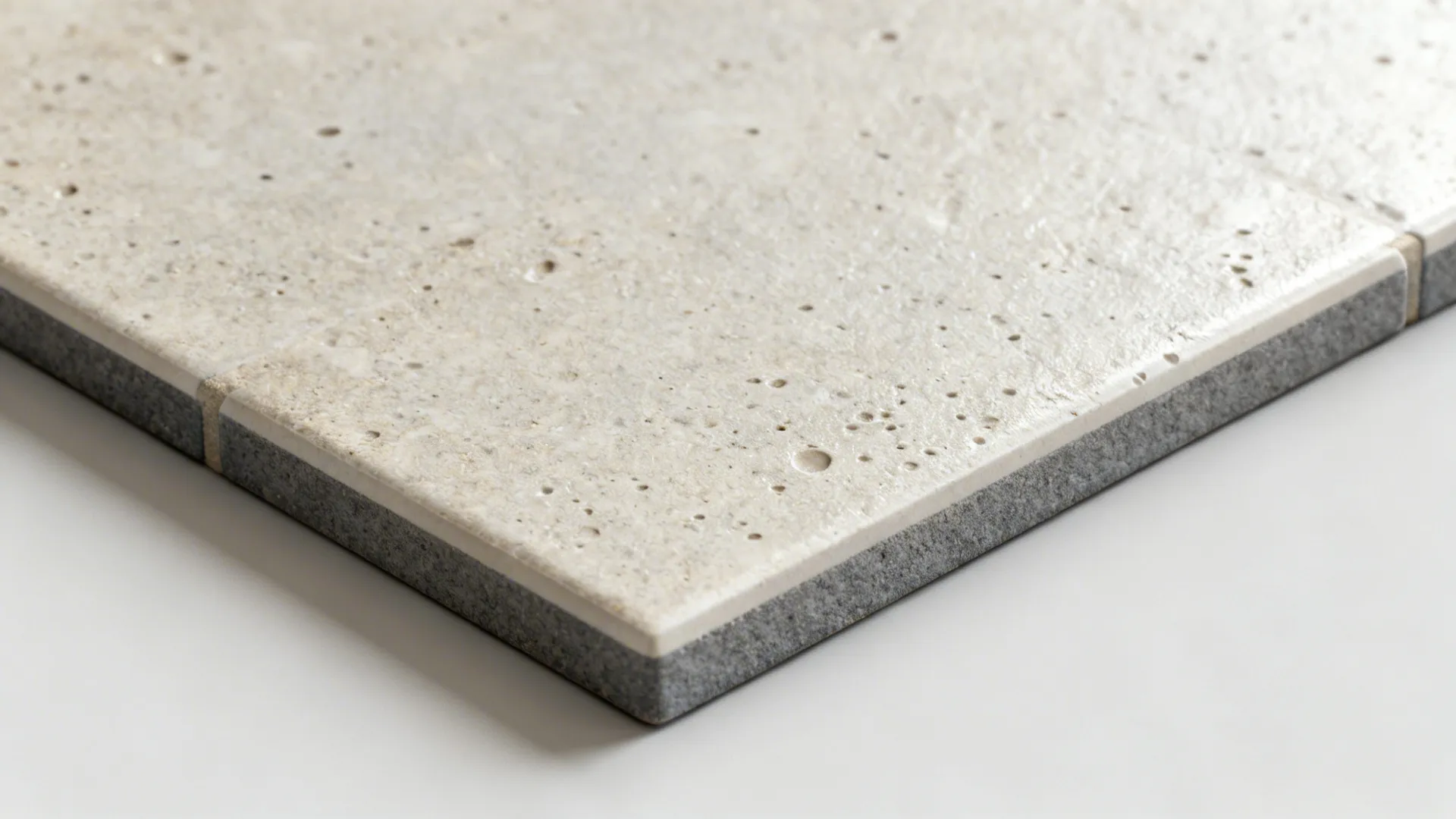Macro of matte stone-look porcelain with subtle pitting and neat grout joint.