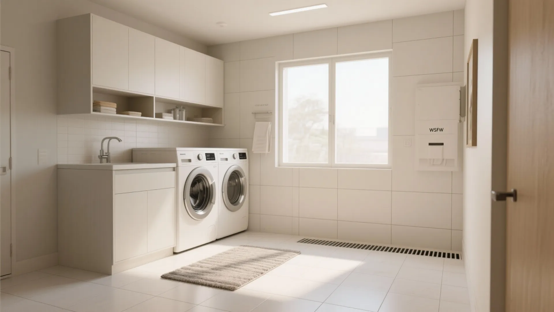 Laundry room with large-format porcelain tiles and narrow grout lines, bright and clean.