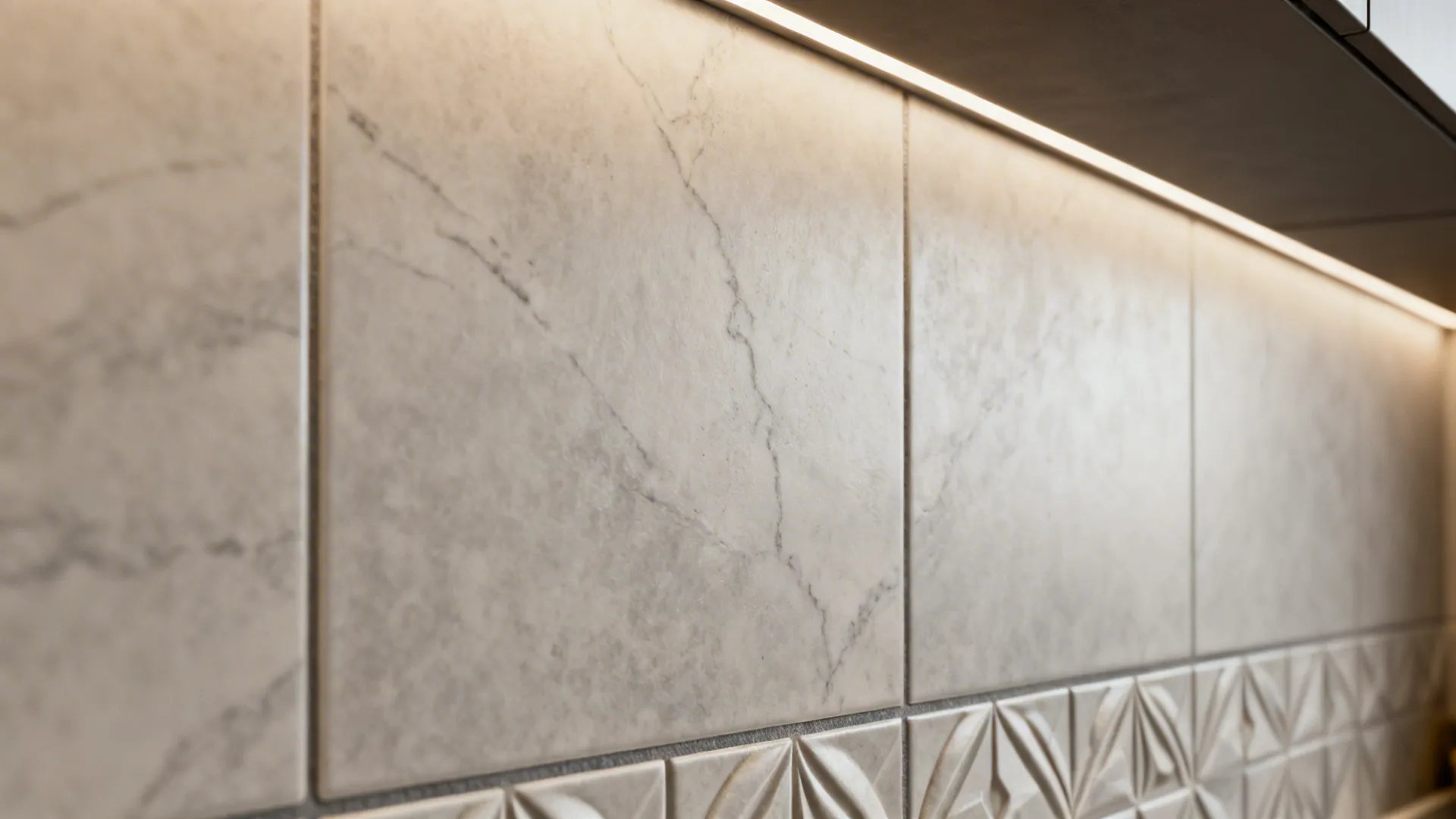 Close-up of porcelain tile feature wall showing veining and geometric relief.