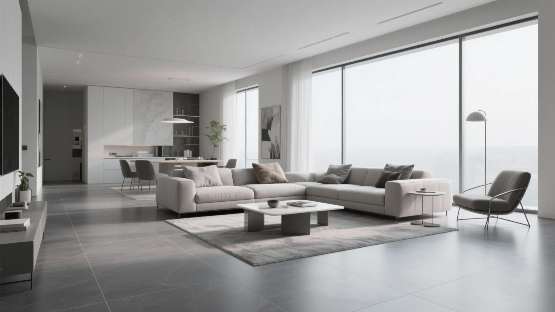 Modern living room featuring grey floor tiles white sofa coffee table rug and large windows