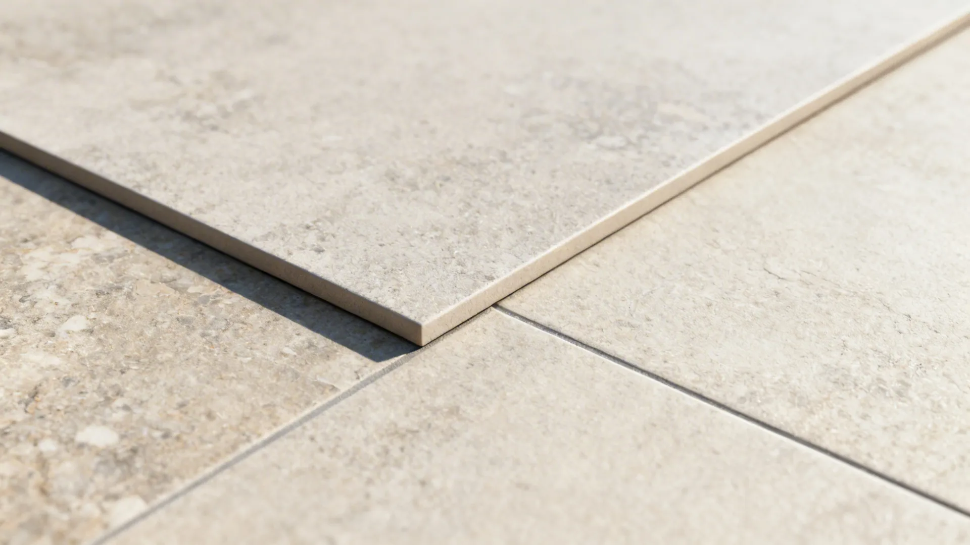 Macro of large-format porcelain tile with rectified edge and tight grout line in a matte stone-look finish.