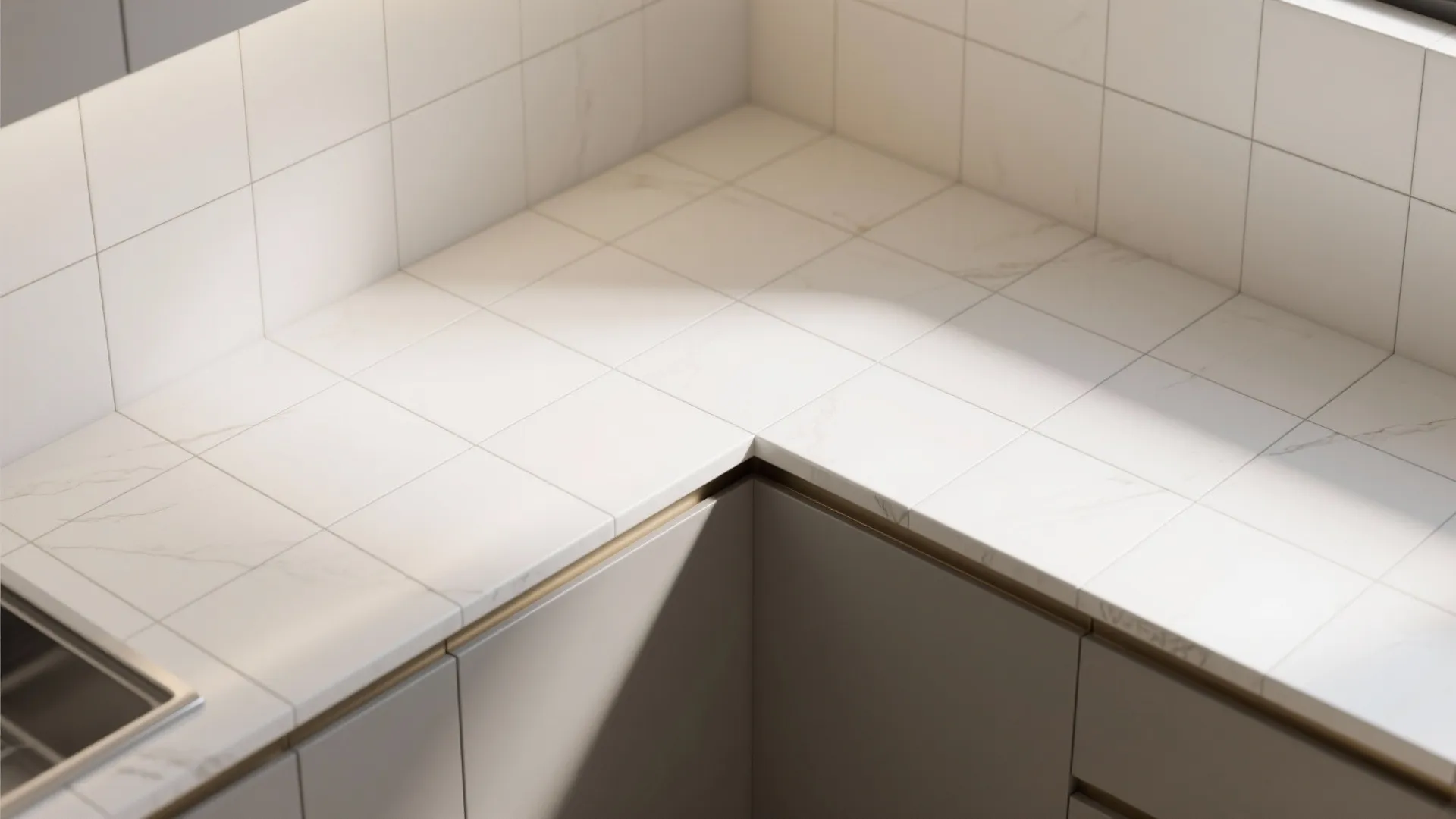 Close up view of white square tiles used as a kitchen countertop and wall surface