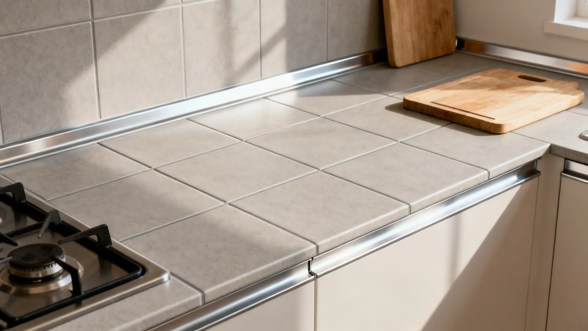 Porcelain tile countertop with 2 mm epoxy grout and aluminum edge trim in a compact kitchen.