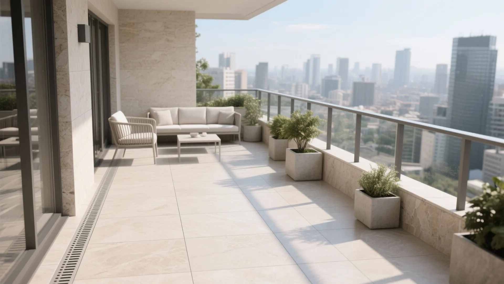Balcony with limestone-look porcelain tiles, narrow grout, and modern seating.