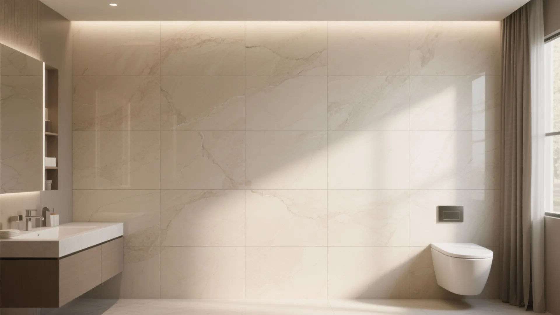 Minimalist bathroom design with large beige wall tiles, floating toilet, wooden vanity, and natural light