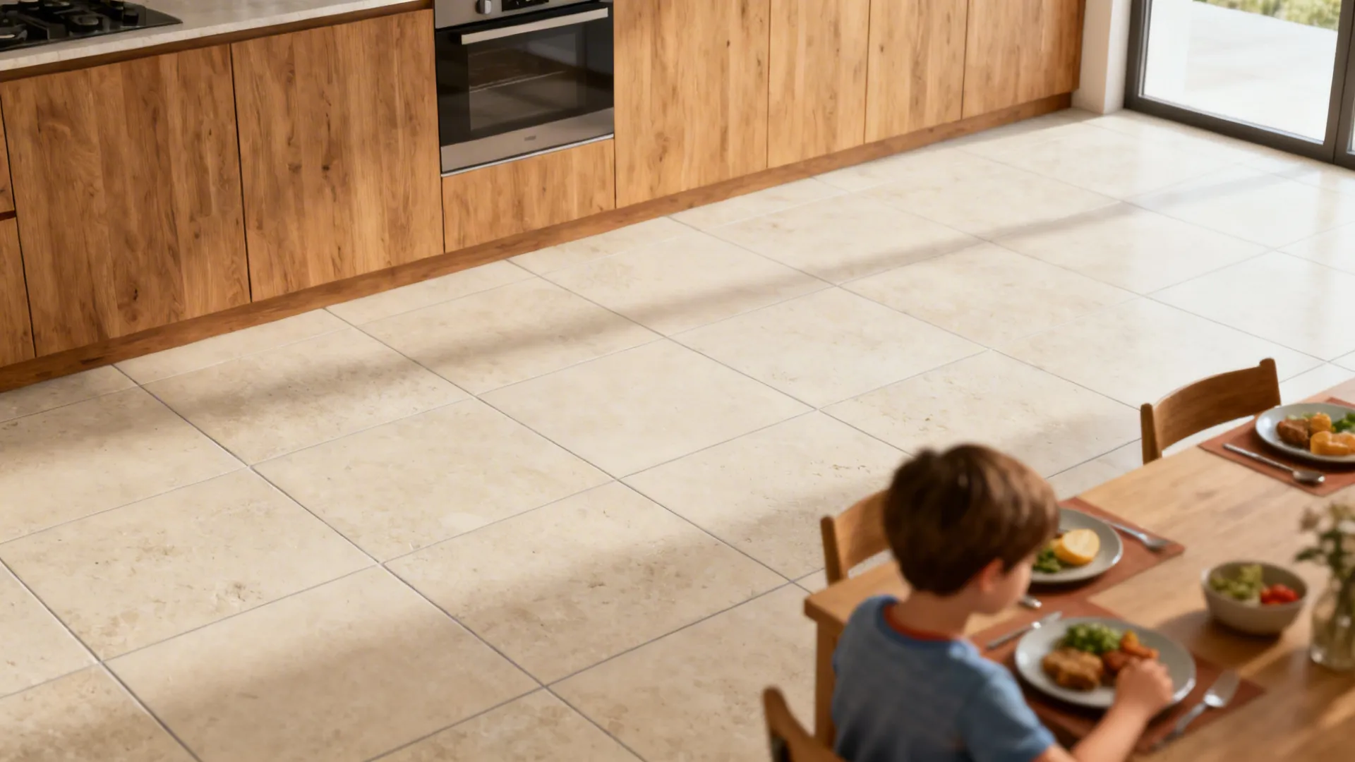 Family kitchen with large-format neutral porcelain tiles and warm oak cabinets, minimal grout lines.