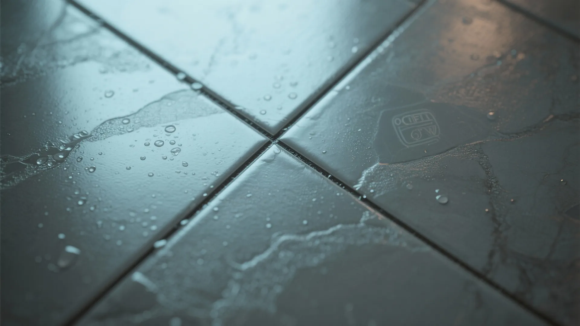 Porcelain tiles with narrow, sealed grout lines showing water beading on the surface.