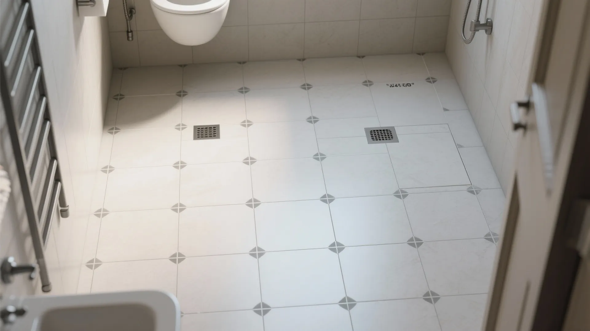 Top-down plan view of large-format porcelain tile layout with minimal grout and precise cuts.