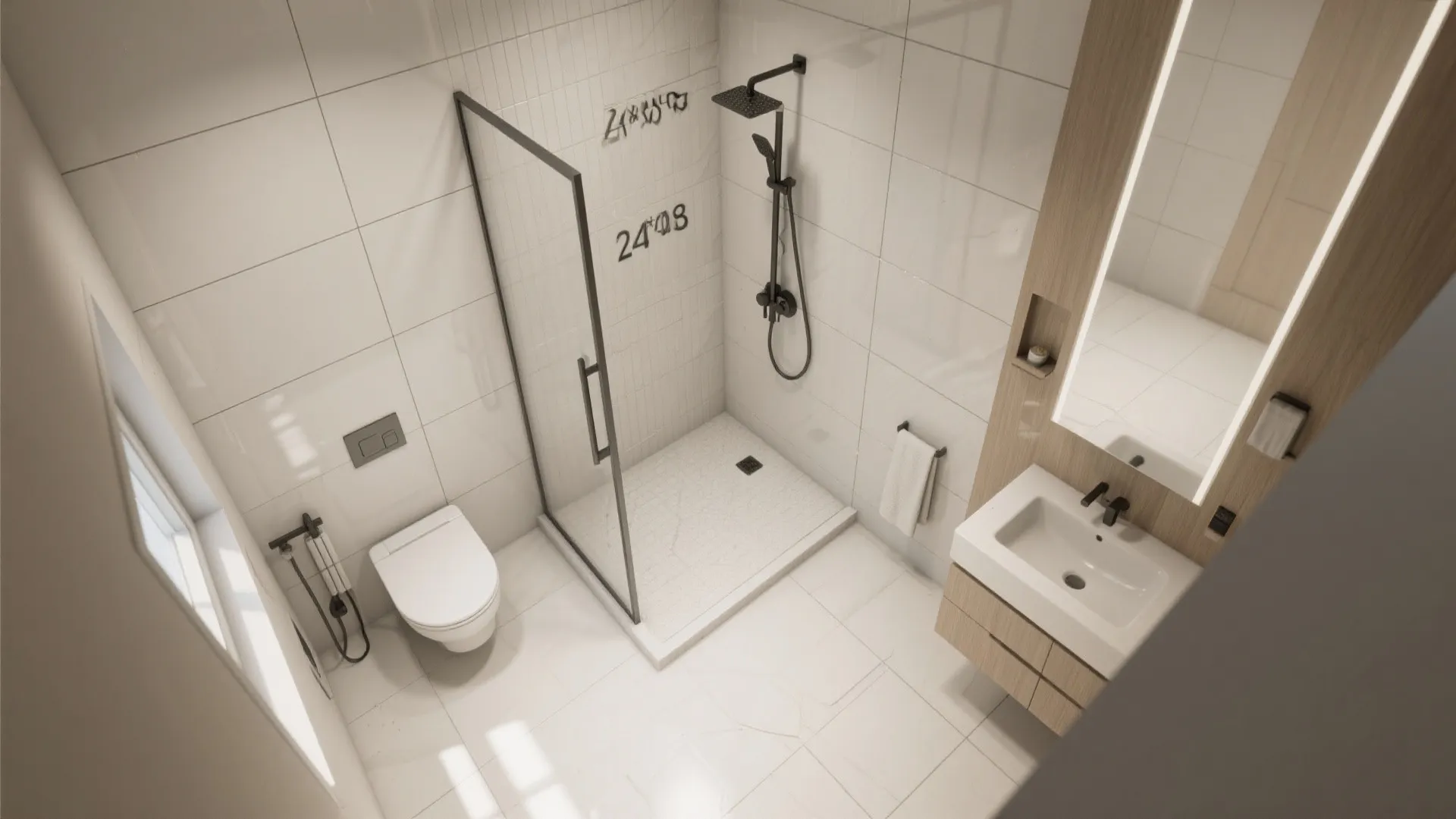 Top-down layout visualizing large-format glossy porcelain panels with minimal joints in a compact bath.