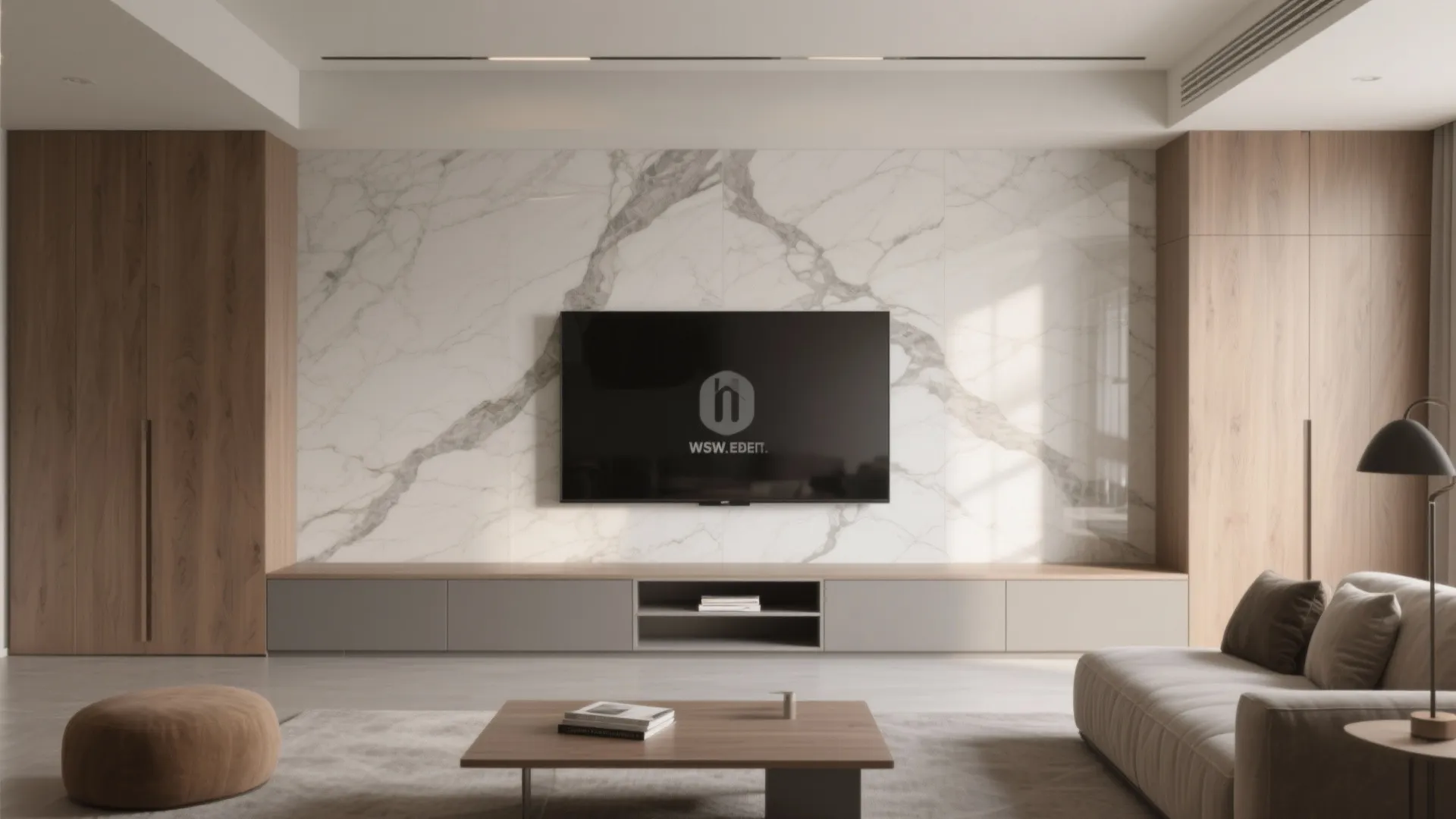 Stone or Porcelain Slab TV Walls with Built-in Storage