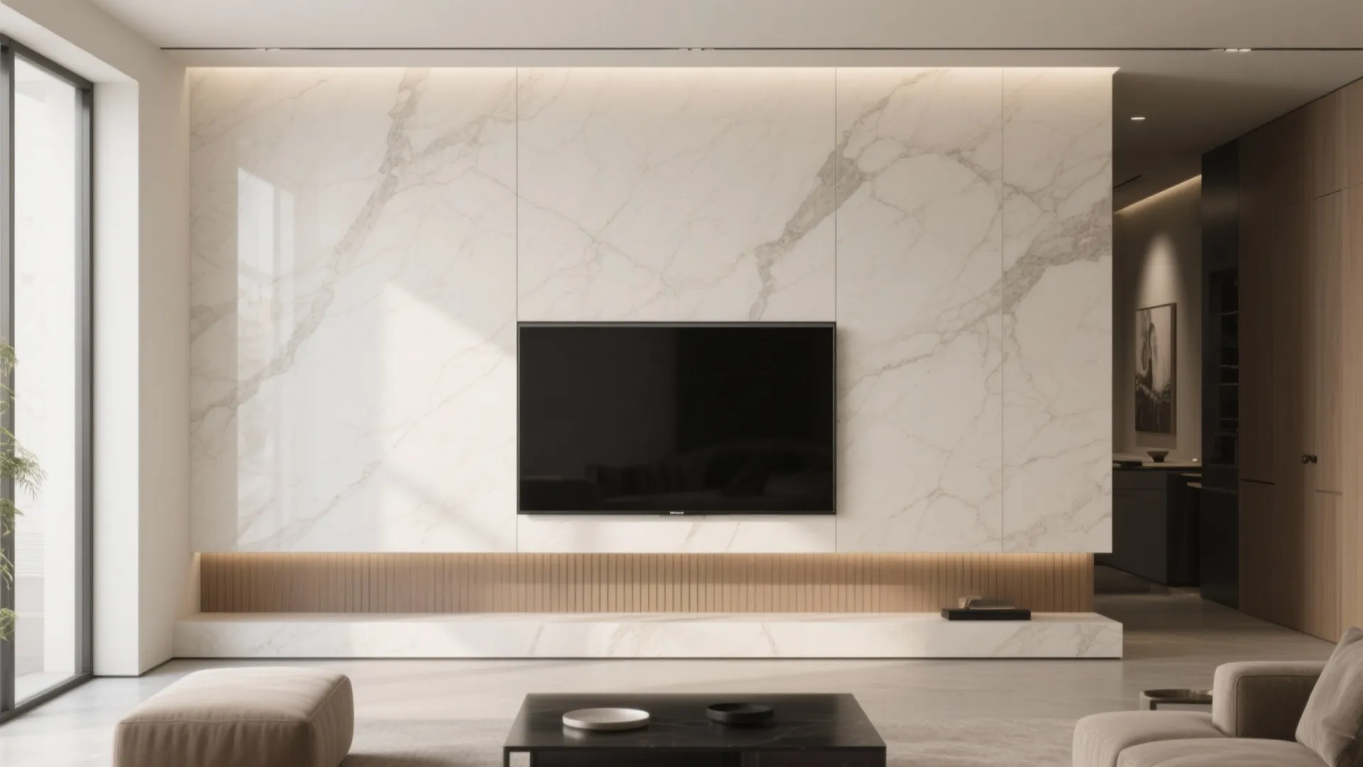 Large-format porcelain TV wall with subtle veining, hidden cables, and a calm, luxurious modern aesthetic.