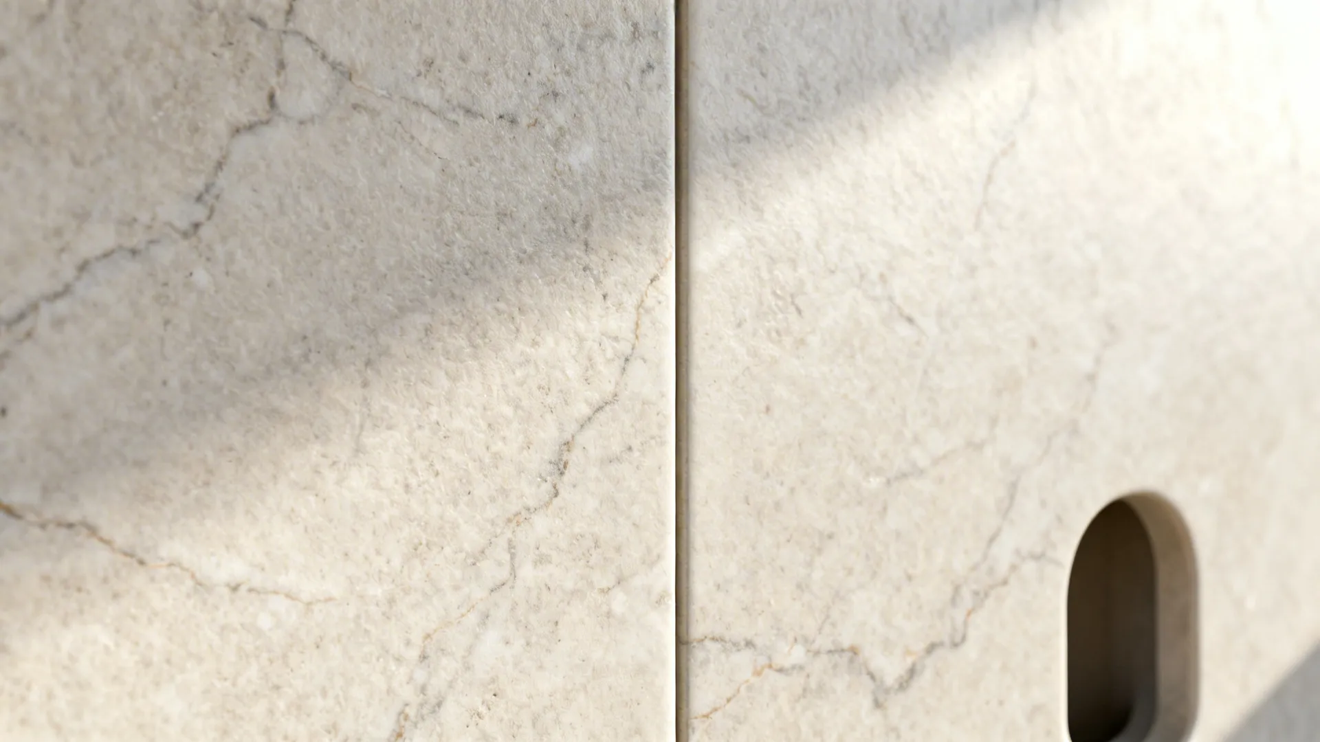 Macro of matte porcelain slab with subtle stone veining and clean joint.