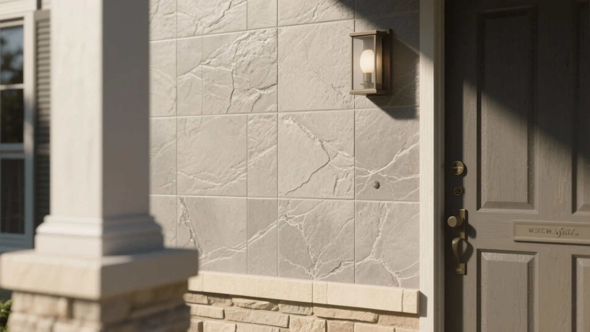 Close up of grey stone wall tiles with wall light next to a dark front door