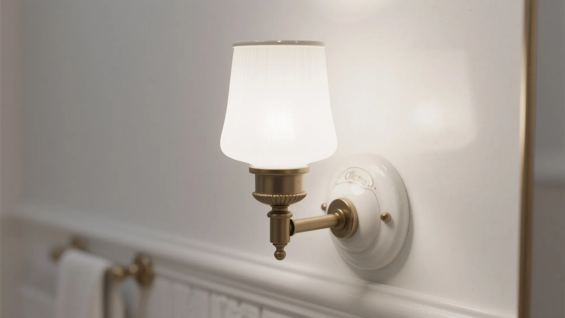 Porcelain base wall lamp with soft diffused light in white bathroom