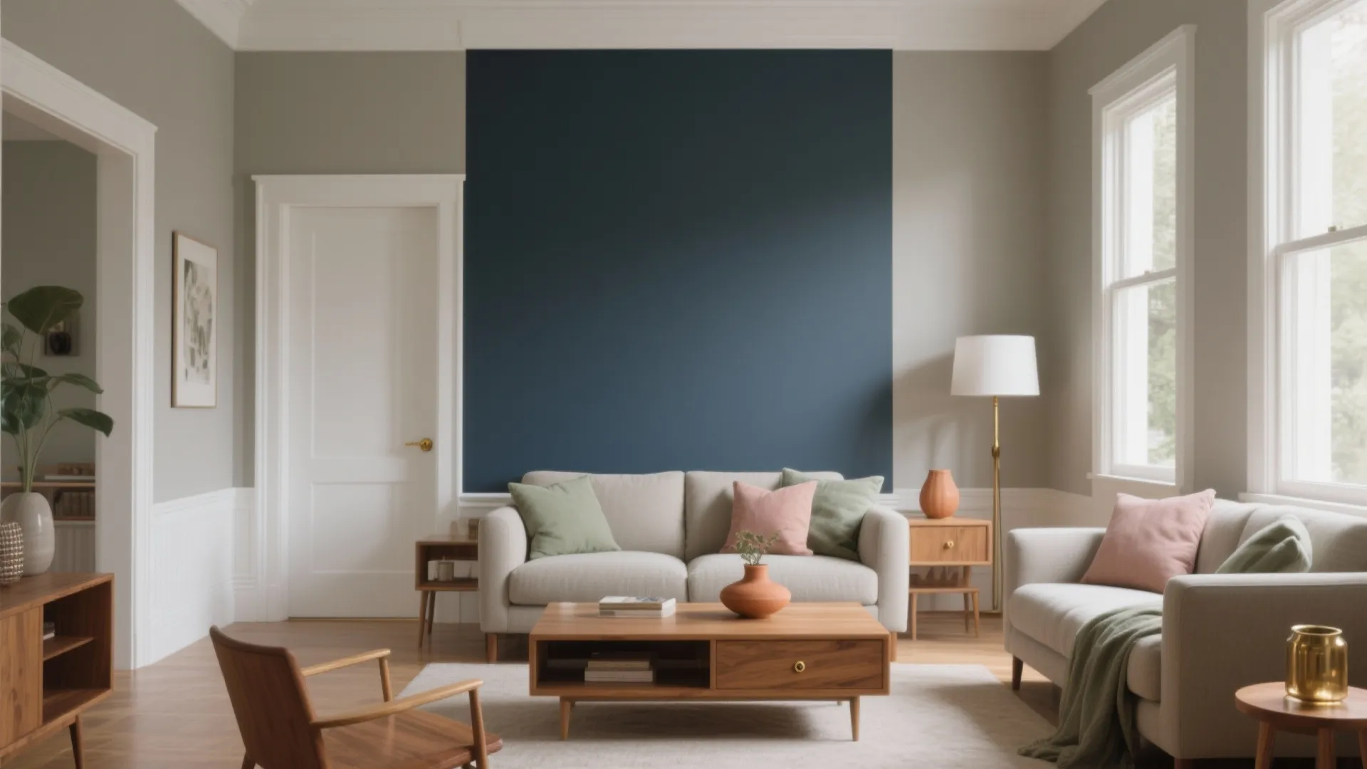 Modern living room with blue accent wall beige sofa wooden coffee table and floor lamp