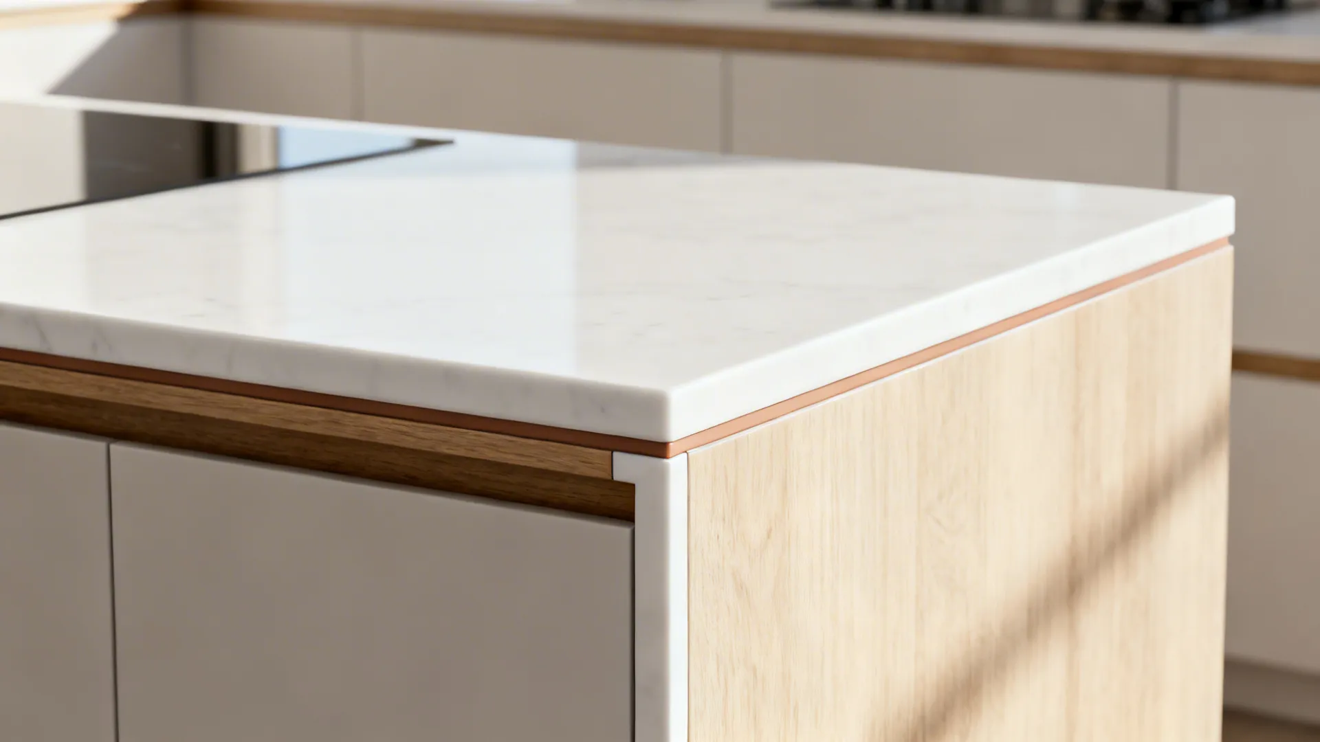 Porcelain waterfall edge with precise 45° miter and tight seam on a compact peninsula.