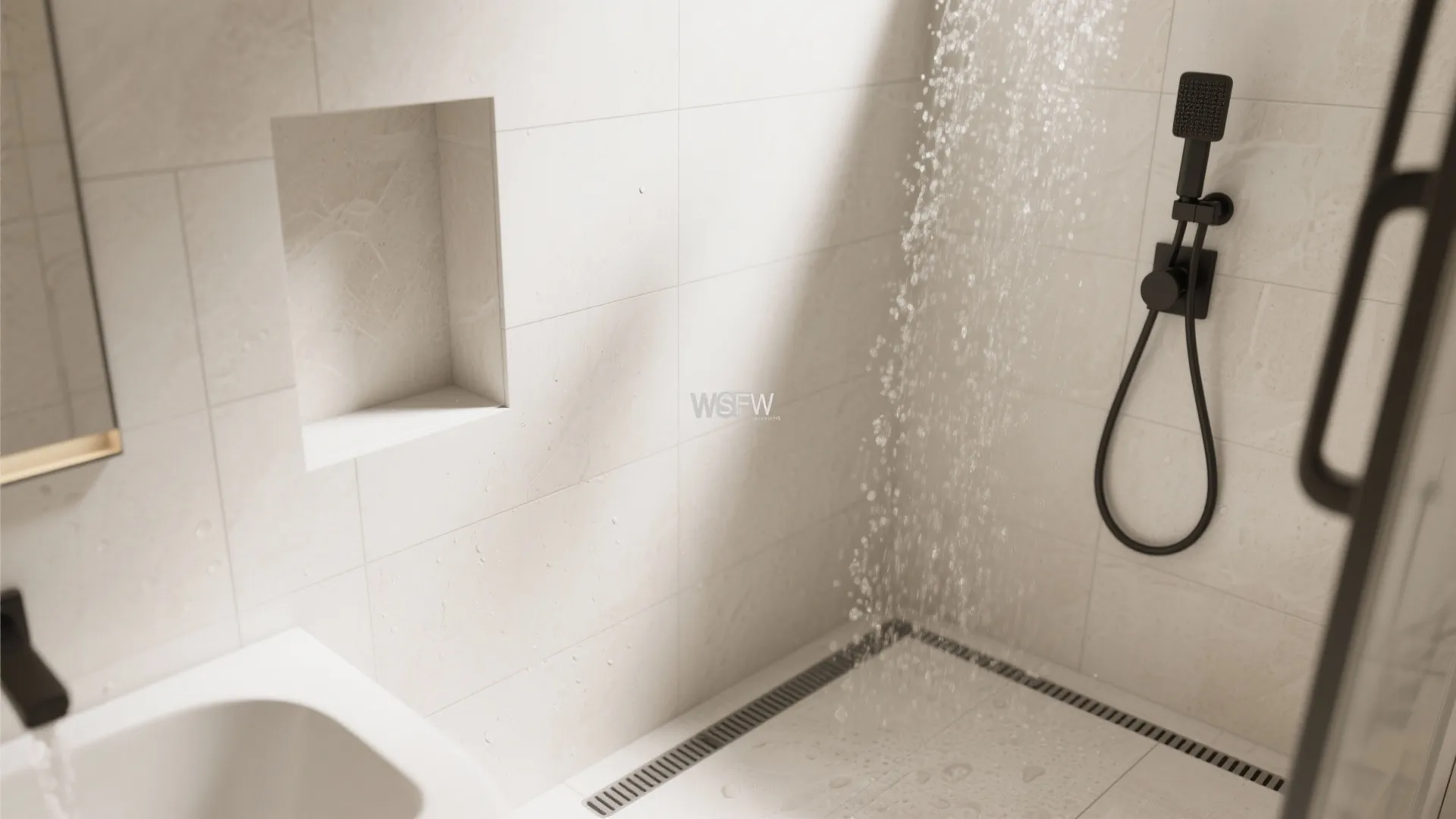 Close-up of water running in a shower with black shower head and light beige wall tiles