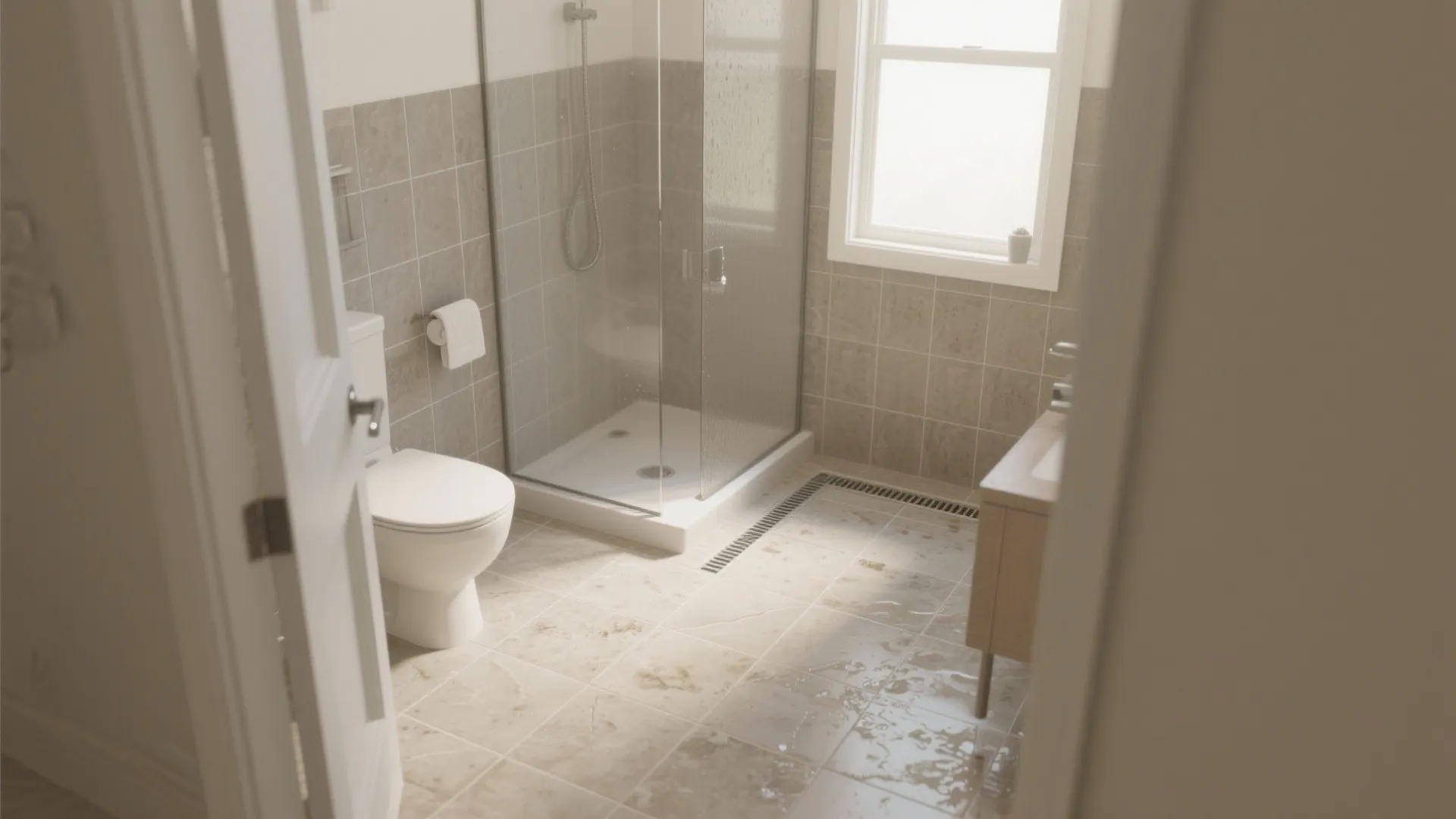 Bathroom interior showing wet stone floor tiles near glass shower white toilet and wood cabinet