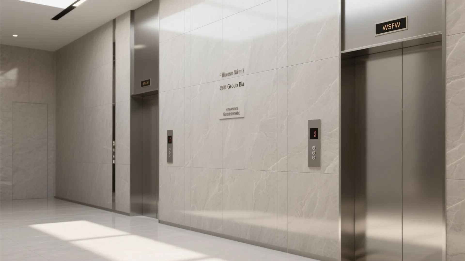 Modern elevator lobby with two stainless steel doors and light grey marble patterned wall tiles