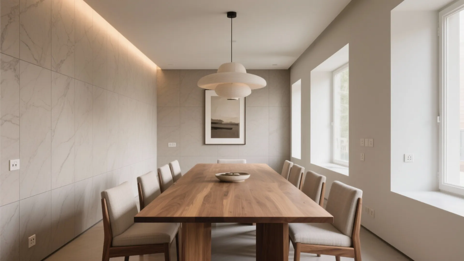 Spacious dining room featuring long wooden table with beige chairs marble wall panels and ceiling light